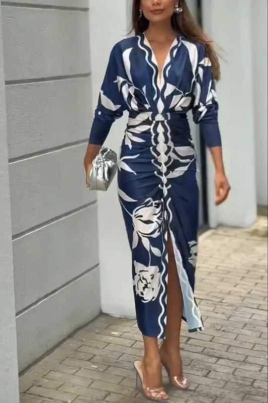 LB | Caliana Unique Print Dolman Long Sleeve Ruffled Slit Midi Dress