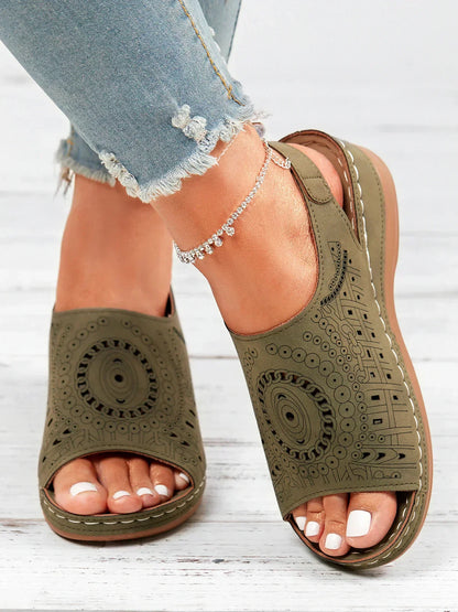 AS | Ethnic Pattern Punched Hollow Velcro Retro Sandały