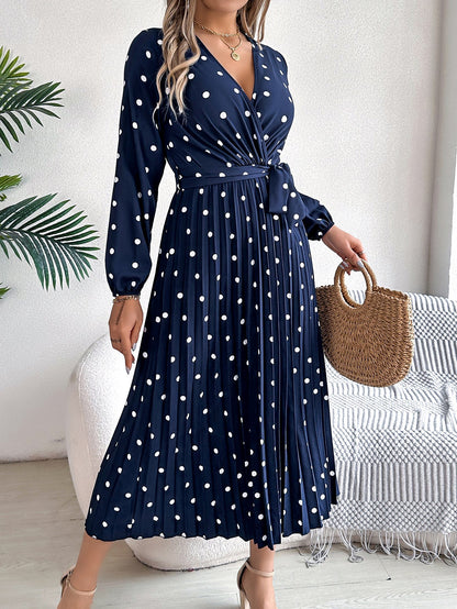 LB | Elegancka kontrastowa sukienka Maxi w kropki z plisowanym dekoltem w serek dla kobiet