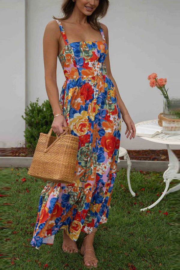 LB | Style Lover Kwadratowy dekolt Regulowane ramiączka Sukienka maxi w kwiaty