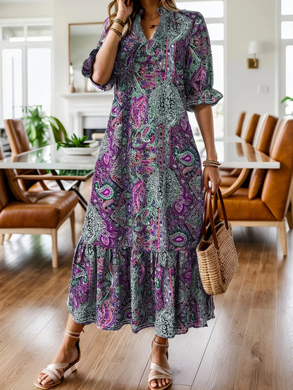 LB | Full Size Bohemian Paisley Print Ruffle Hem Midi Dress Plus Size