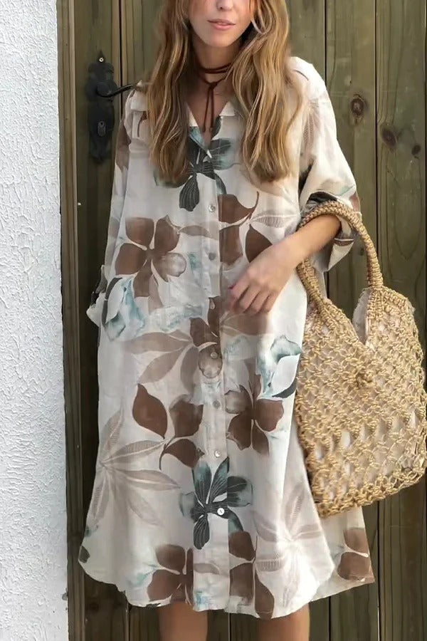 LB | Botanical Print Luźna sukienka midi z długim rękawem i kieszeniami, zapinana na jeden guzik