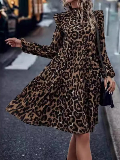 LB | Ruched Leopard Mock Neck Sukienka mini z długim rękawem
