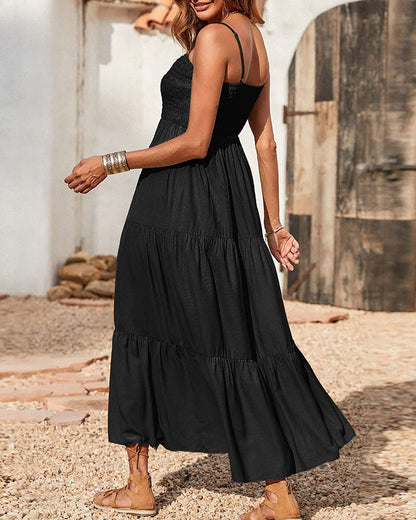 LB | Bohemian Long Dress Spaghetti Strap Solid Swing Beach Sleeveless Maxi Dress
