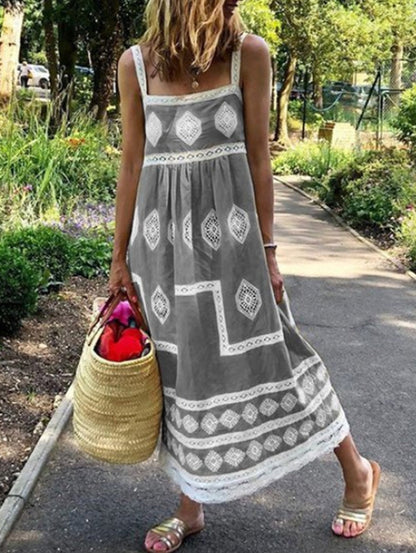LB | Yellow Square Neck Boho Print Tank Maxi Dress
