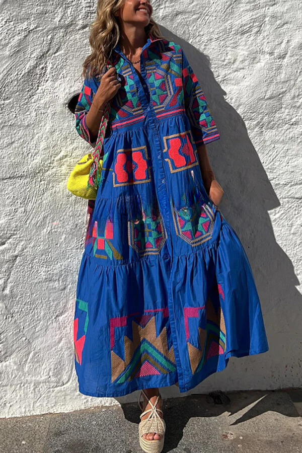 LB | Take Me To Cabo Ethnic Unique Print Button Loose Shirt Midi Dress
