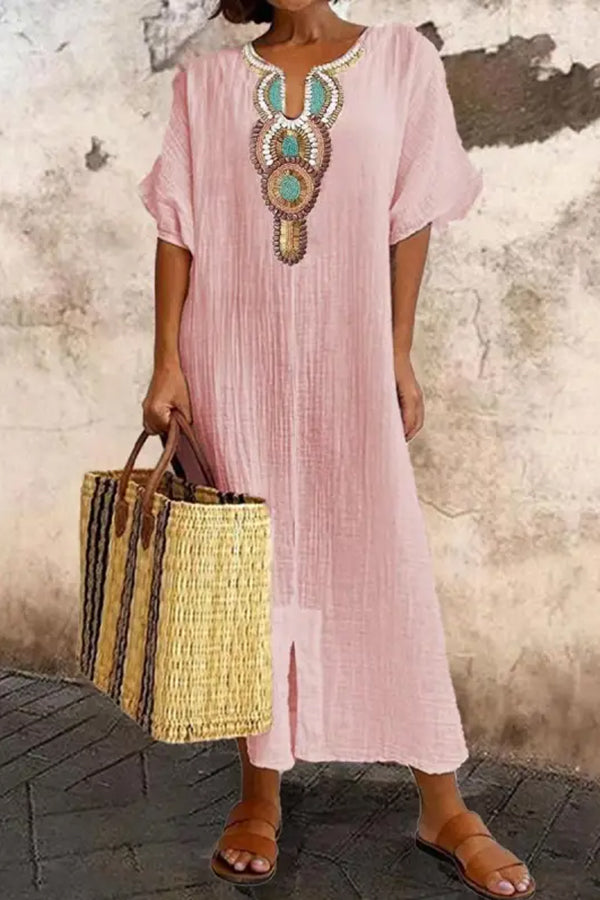 LB | V-Neck Casual Loose Retro Ethnic Print Sukienka Maxi z krótkim rękawem