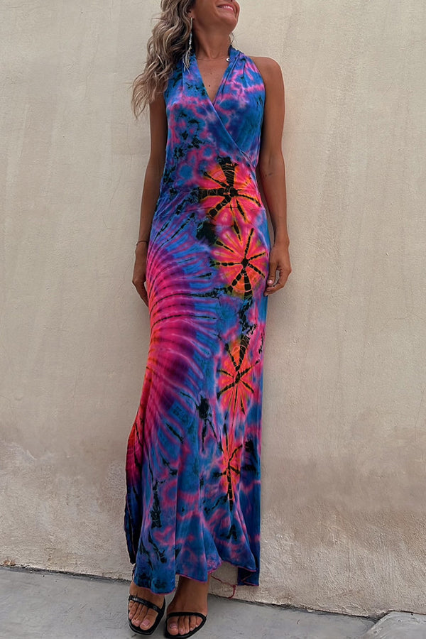 LB | Tie-dye Print Backless Stretch Maxi Dress z dekoltem w serek