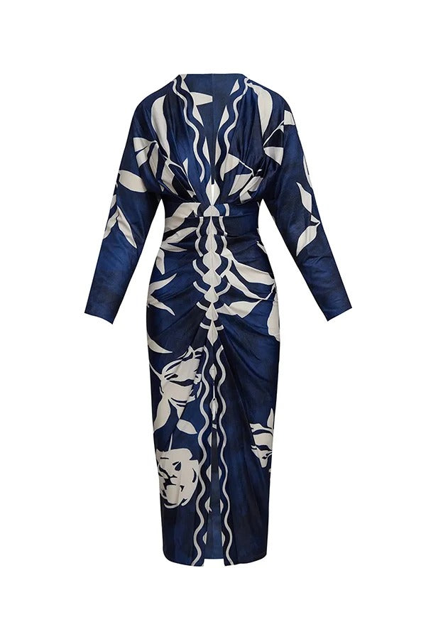LB | Caliana Unique Print Dolman Long Sleeve Ruffled Slit Midi Dress
