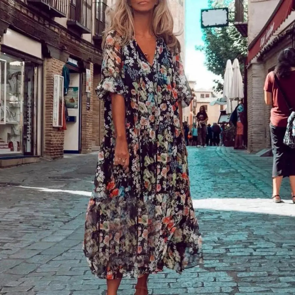 LB | Elegancka sukienka w kwiaty z długim rękawem