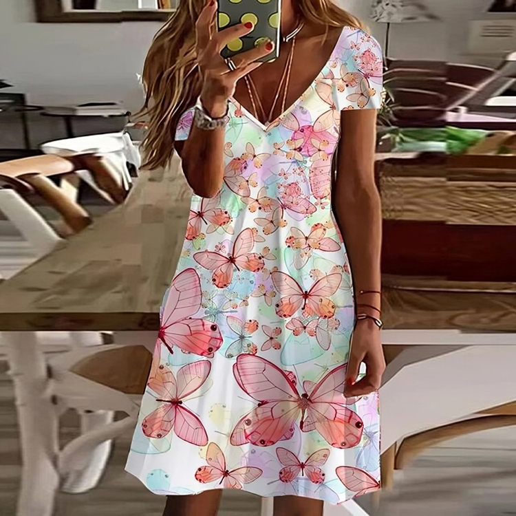 LB | Kwiatowa sukienka mini z krótkim rękawem V-neck