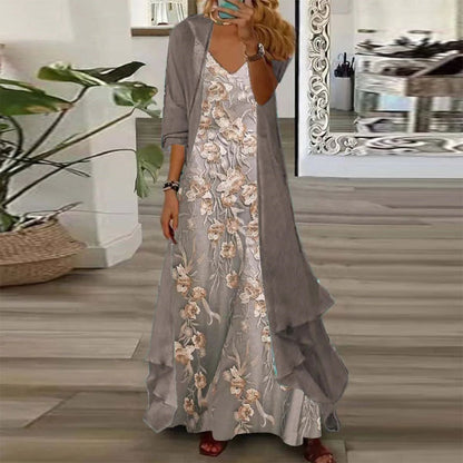 LB | Retro Brązowa Sukienka Maxi z nadrukiem roślinnym i Dwuczęściowa Kurtka Skinny