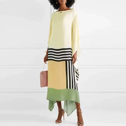 LB | Nowoczesna sukienka midi w stylu batwing z eleganckim geometrycznym nadrukiem