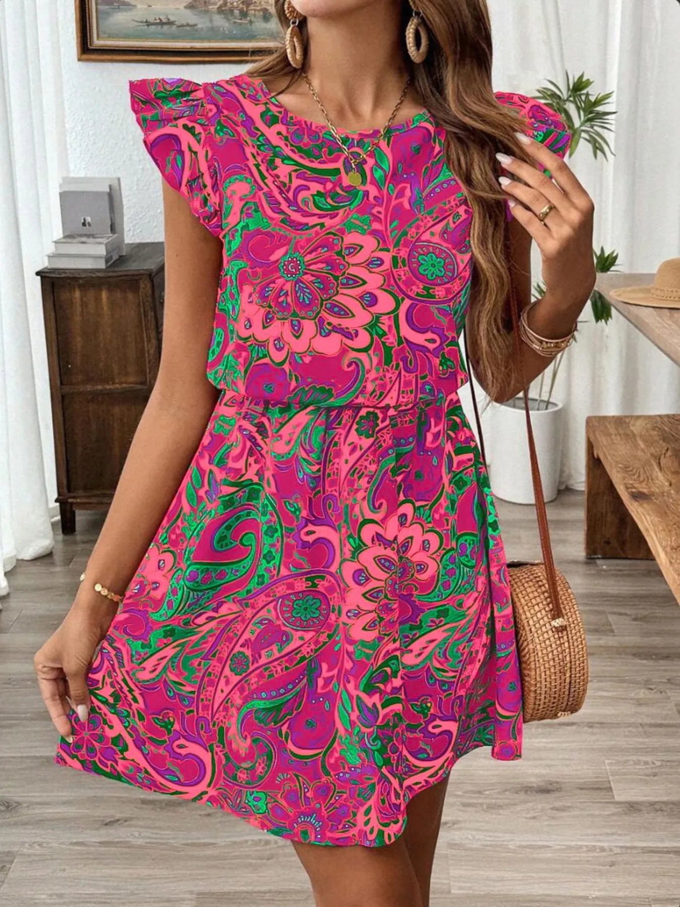 LB | Mini sukienka w paisley z marszczonymi rękawami