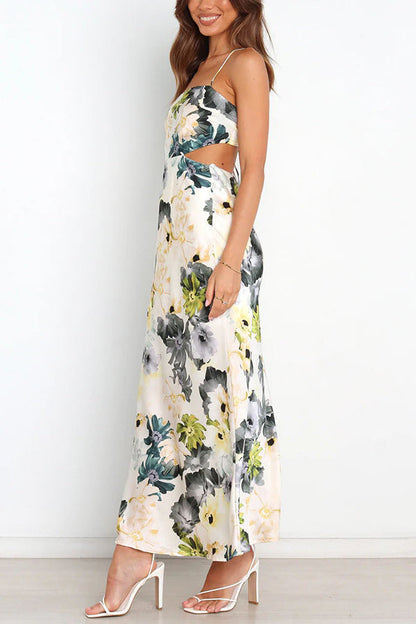 LB | Garden Party Floral Satin Cut Out Back Lace Up Maxi Dress