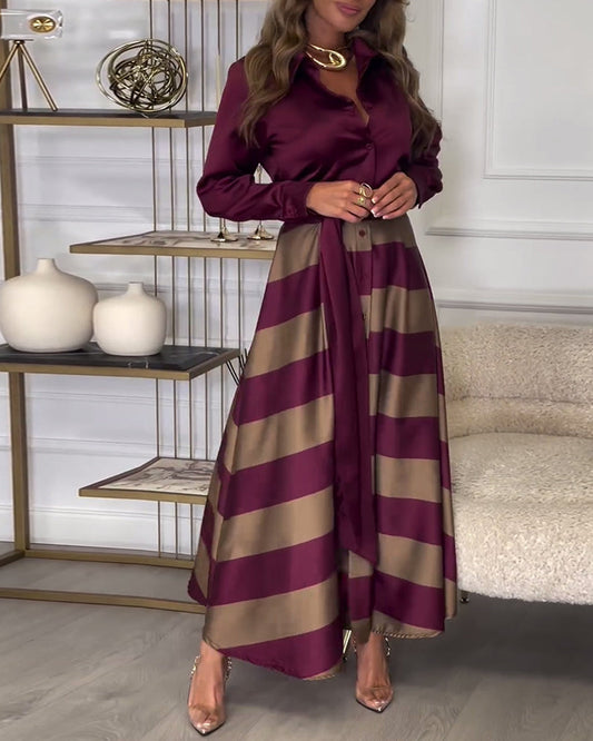LB | Elegancka koszulowa sukienka maxi z paskiem