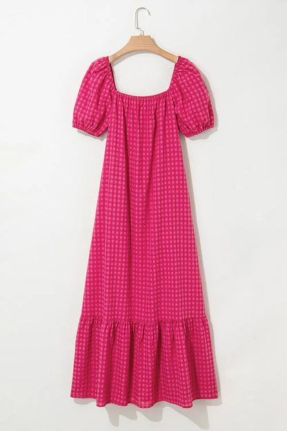 LB | SYNZ Gingham Check Bubble Sleeve Ruffled Maxi Dress