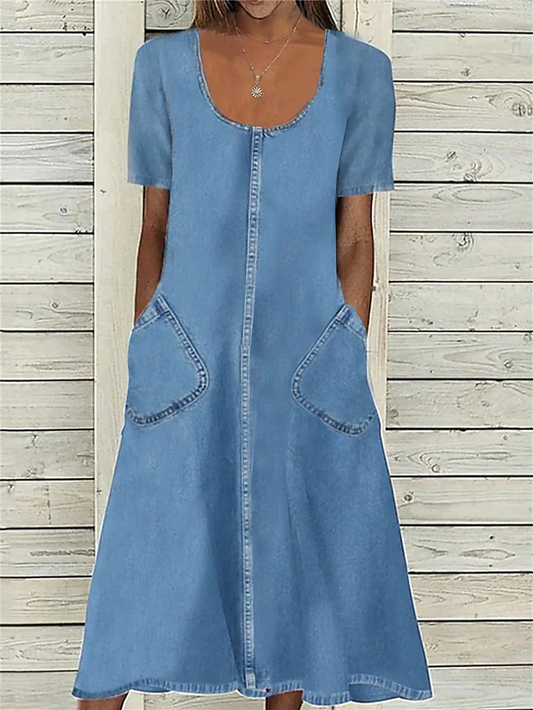 LB | Denim Dress Casual Dress Midi Dress Denim Casual Classic Outdoor Daily Holiday U Neck Bag Short Sleeve Summer Spring Autumn AH516
