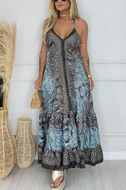LB | Bohemian Style Unique Print V-Neck Suspender Holiday Maxi Dress