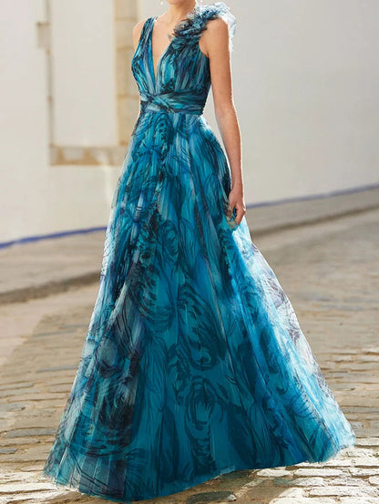 LB | Peacock Blue Stereo Floral Decor Allover Pattern Maxi Dress