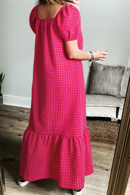 LB | SYNZ Gingham Check Bubble Sleeve Ruffled Maxi Dress