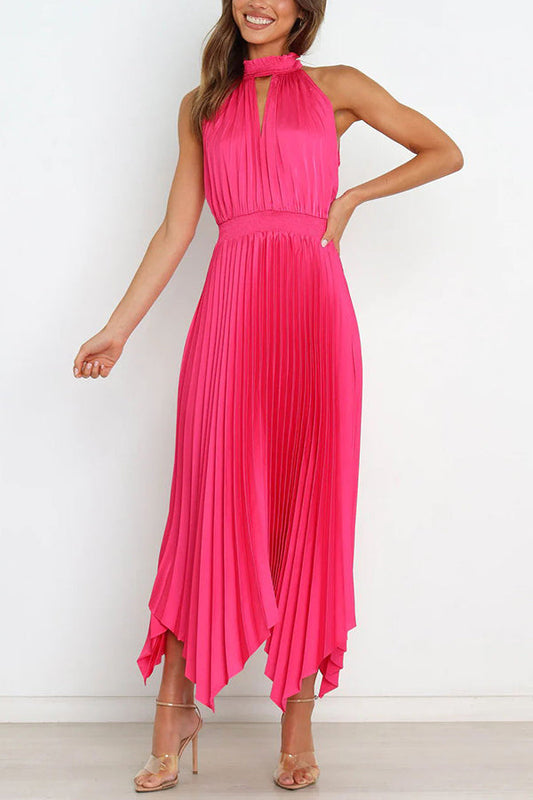 LB | Luxe Look Satin Pleated Halter Elastyczna sukienka midi w talii