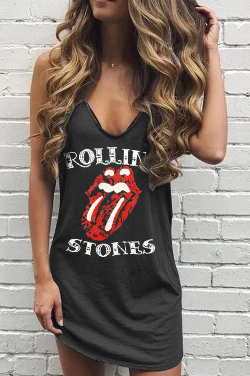 LB | Niebieska mini sukienka z nadrukiem ust Rolling Stones