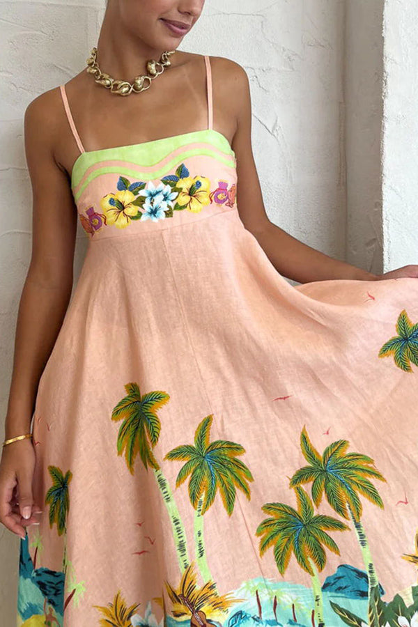 LB | Coconut Scenery Linen Blend Tropical Print Smocked Back Midi Dress