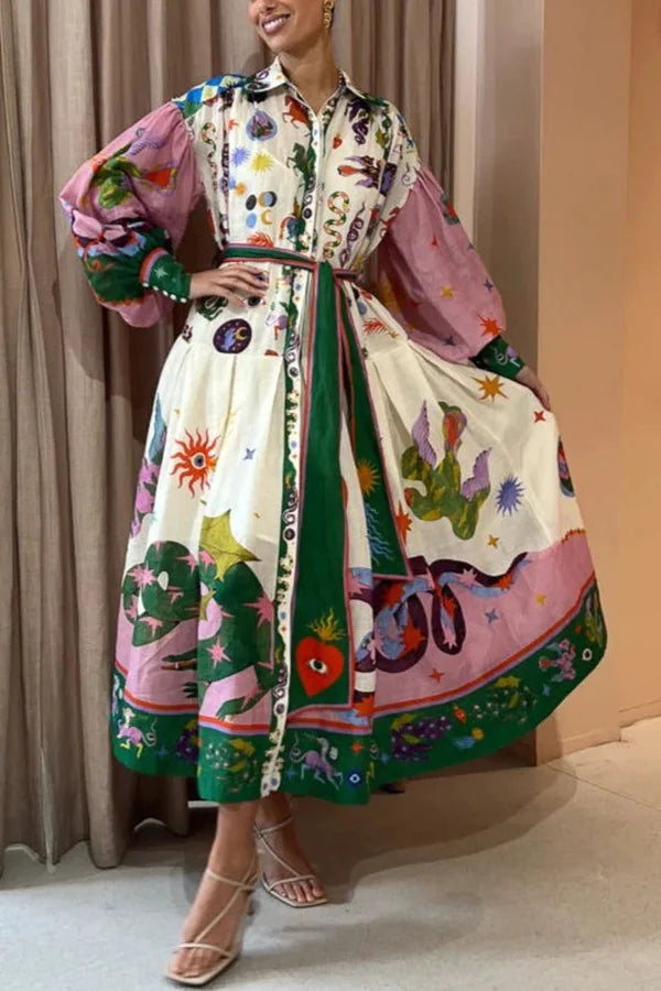 LB | Plisowana sukienka maxi w stylu retro we francuskim stylu dworskim z nadrukiem