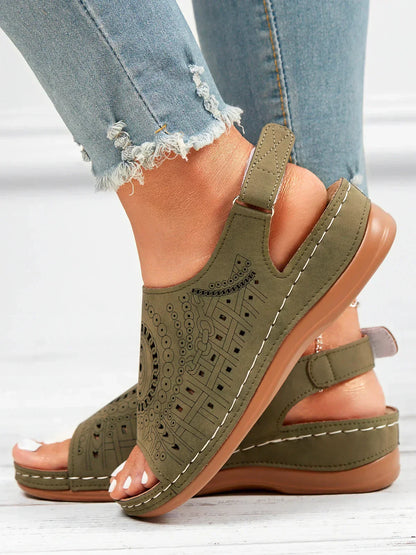 AS | Ethnic Pattern Punched Hollow Velcro Retro Sandały