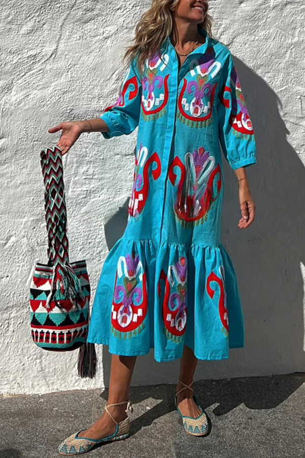 LB | Take Me To Cabo Ethnic Unique Print Button Loose Shirt Midi Dress