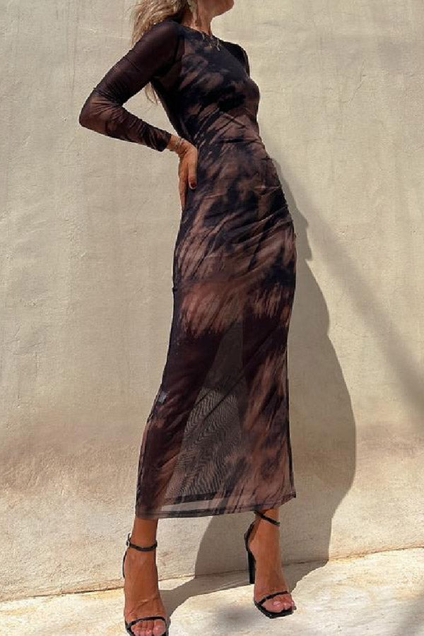 LB | Charm Lady Mesh Overlay Tie Dye Print Long Sleeve Ruffled Stretch Midi Dress