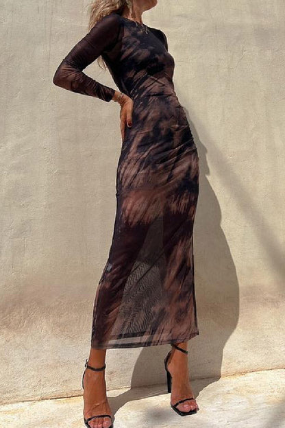 LB | Charm Lady Mesh Overlay Tie Dye Print Long Sleeve Ruffled Stretch Midi Dress