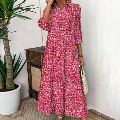LB | Watermelon Ditsy Floral Print Maxi Dress z kołnierzykiem