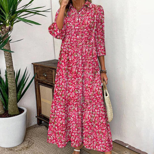 LB | Watermelon Ditsy Floral Print Maxi Dress z kołnierzykiem