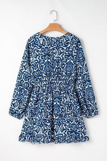 LB | Women Print Lace up V Neck Sukienka mini z długim rękawem