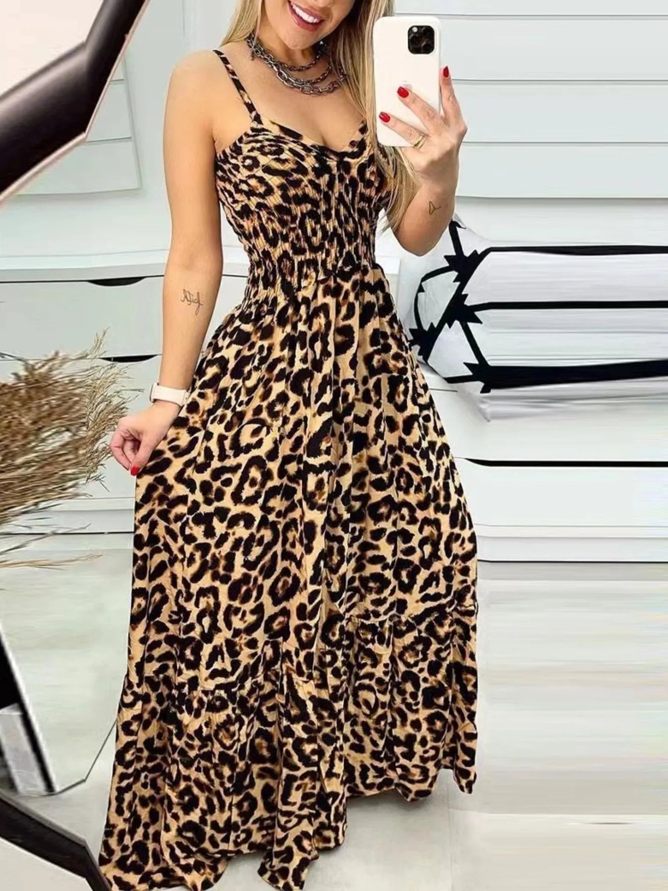 LB | Full Size Leopard Print Spaghetti Strap Maxi Dress Plus Size