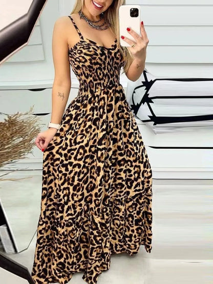 LB | Full Size Leopard Print Spaghetti Strap Maxi Dress Plus Size