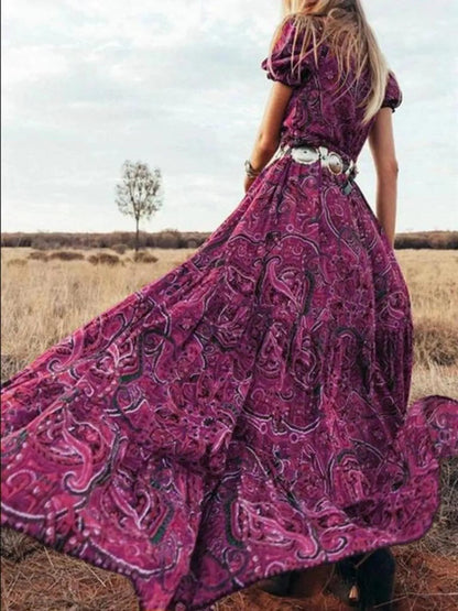 LB | Full Size Drukowana sukienka maxi z bufiastymi rękawami Plus Size