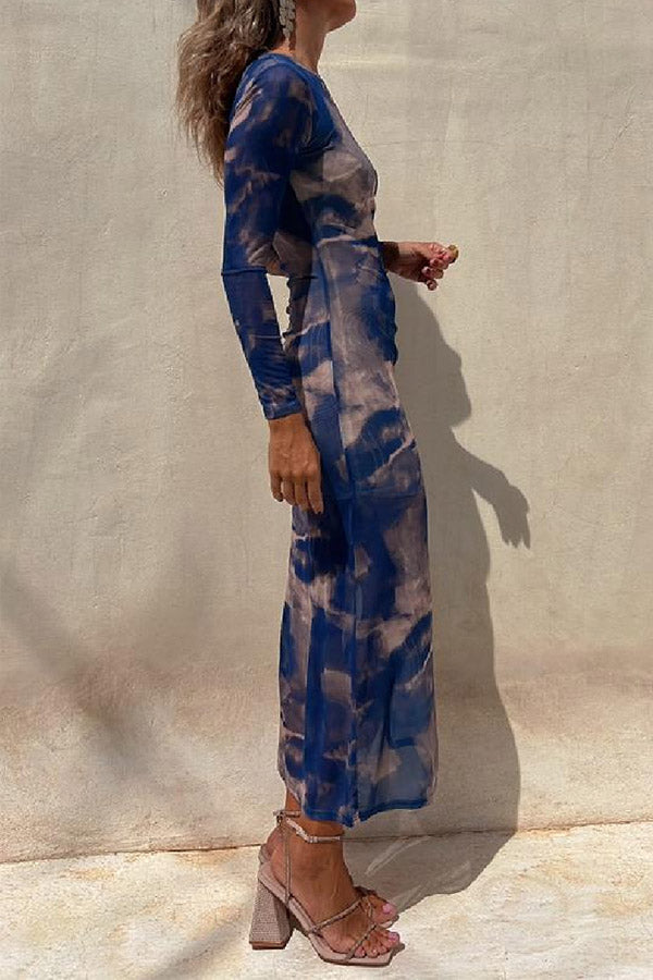 LB | Charm Lady Mesh Overlay Tie Dye Print Long Sleeve Ruffled Stretch Midi Dress