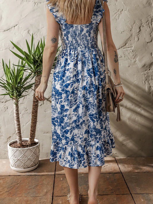LB | Floral Ruffle Strap Square Neck Smocked Bodice Midi Dress