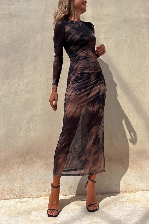 LB | Charm Lady Mesh Overlay Tie Dye Print Long Sleeve Ruffled Stretch Midi Dress