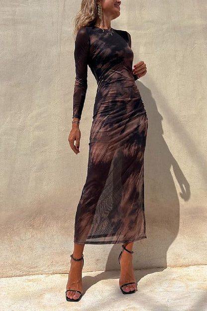 LB | Charm Lady Mesh Overlay Tie Dye Print Long Sleeve Ruffled Stretch Midi Dress