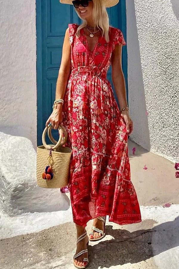 LB | Summer in Greece Boho Print Ruffle Sleeves Elastyczna talia Sukienka midi z wysokim stanem
