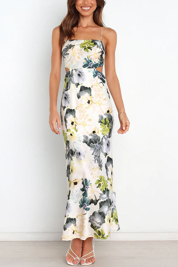 LB | Garden Party Floral Satin Cut Out Back Lace Up Maxi Dress