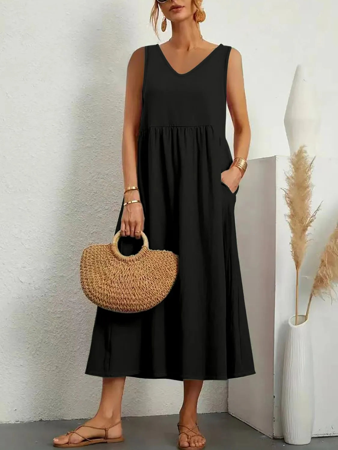 LB | Full Size Pocketed V-Neck Sleeveless Midi Dress Plus Size