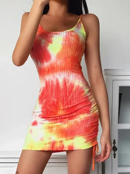 LB | Tie-dye prążkowana mini sukienka ze sznurkiem z boku