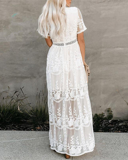 LB | Boho Maxi Dress Haftowana biała koronkowa luźna wakacyjna sukienka plażowa maxi