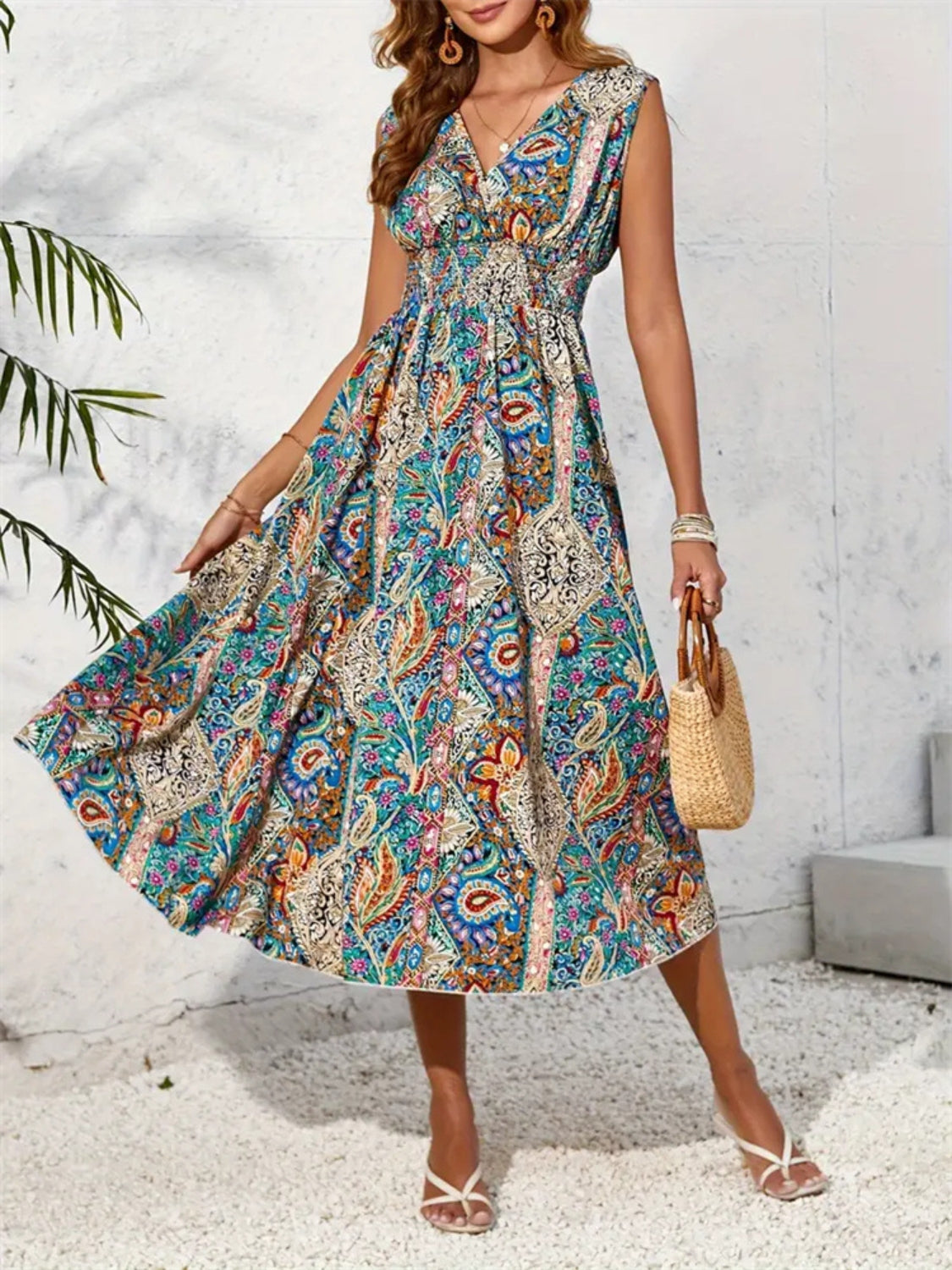LB | Smocked Printed Overdress Sukienka midi bez rękawów