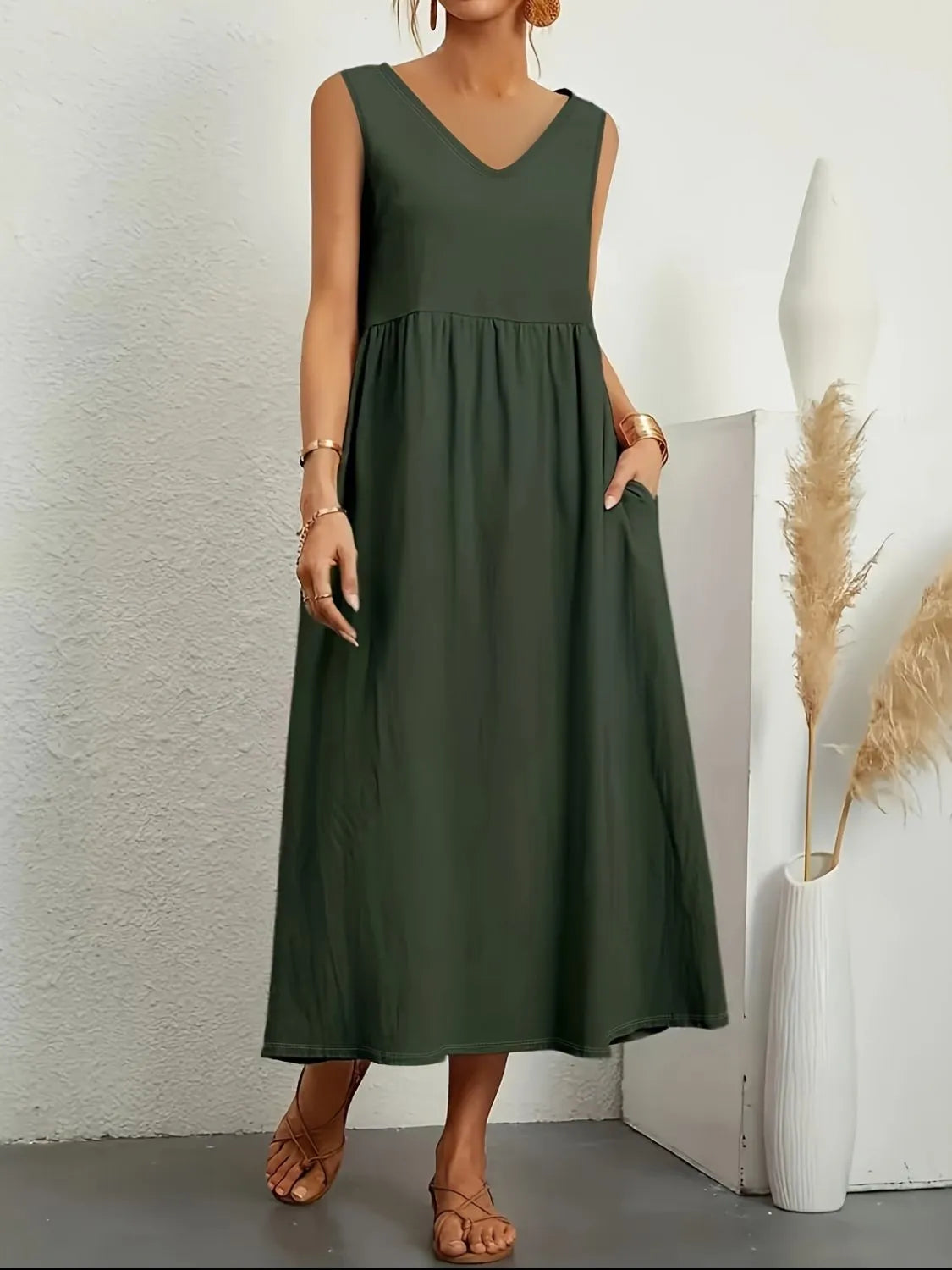 LB | Full Size Pocketed V-Neck Sleeveless Midi Dress Plus Size